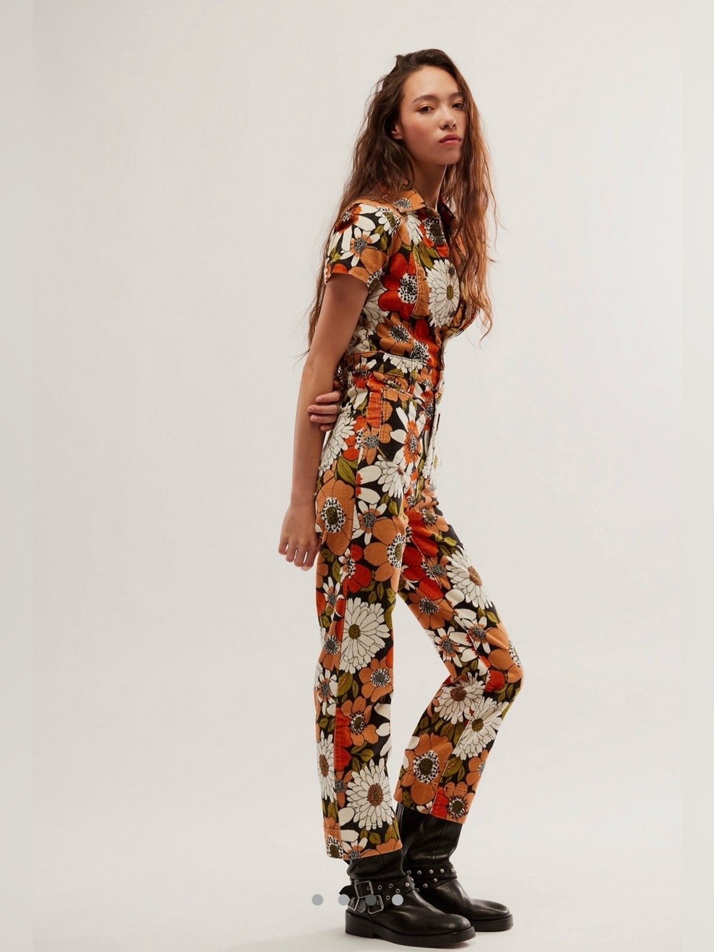 Free People x Show Me Your Mumu Cotton Corduroy Retro Floral Jumpsuit NWT